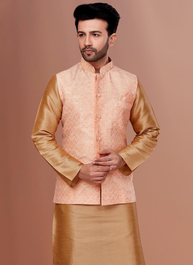 Jacquard Silk Peach Festival Wear Embroidery Work Readymade Men's Waist Coat